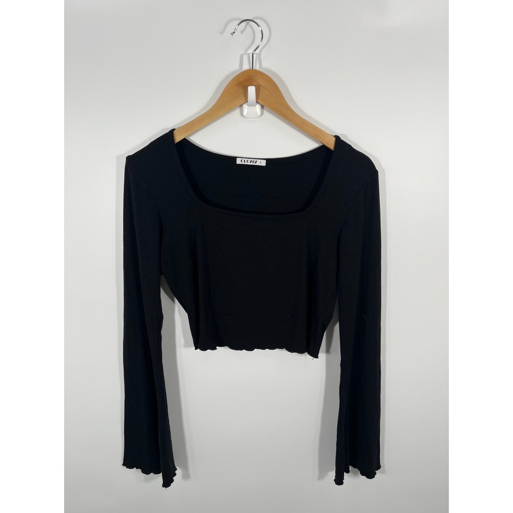 Y2K‎ Womens Square Neck Top L Black Flare Sleeve Whimsigoth Dark Fairy Grunge